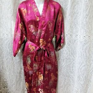 GOLDEN DRAGON kimono robe Size XL -14 Burgundy floral silky polyester